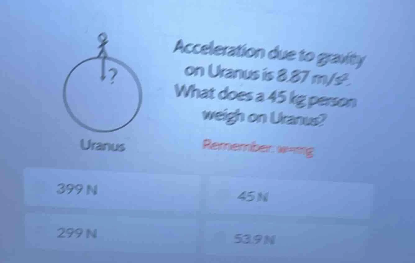 acceleration due to gravity on uranus is 8.87 m/s². what does a 45 kg p…
