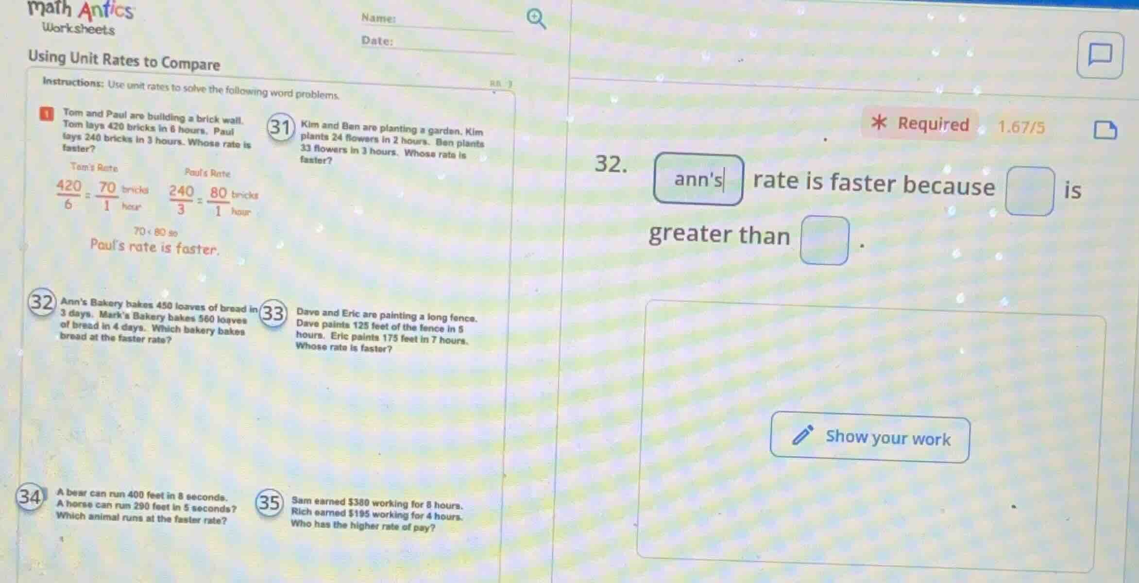 math antics worksheets using unit rates to compare instructions: use un…