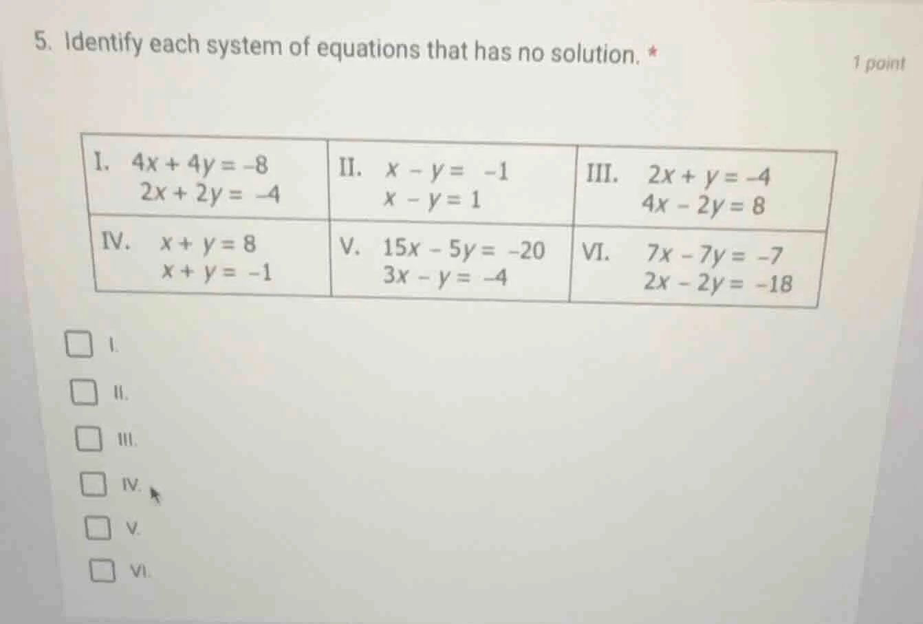5. identify each system of equations that has no solution. * 1 point i.…