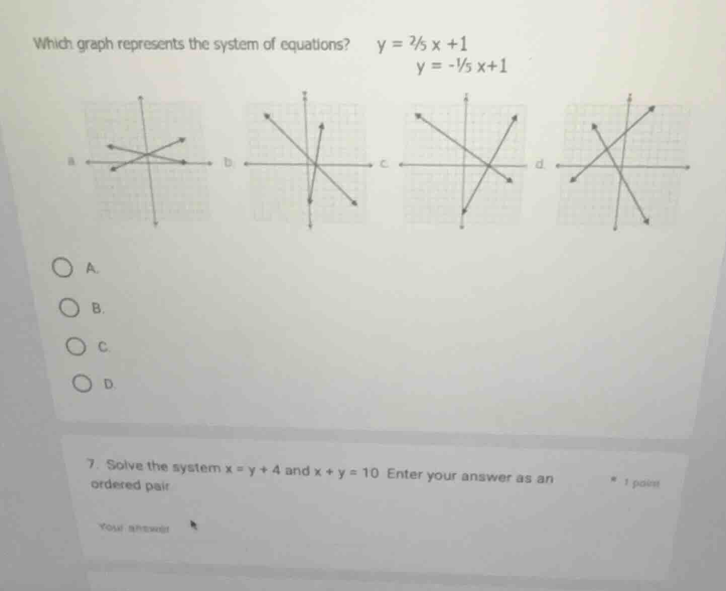 which graph represents the system of equations? $y = \\frac{2}{5} x +1$…