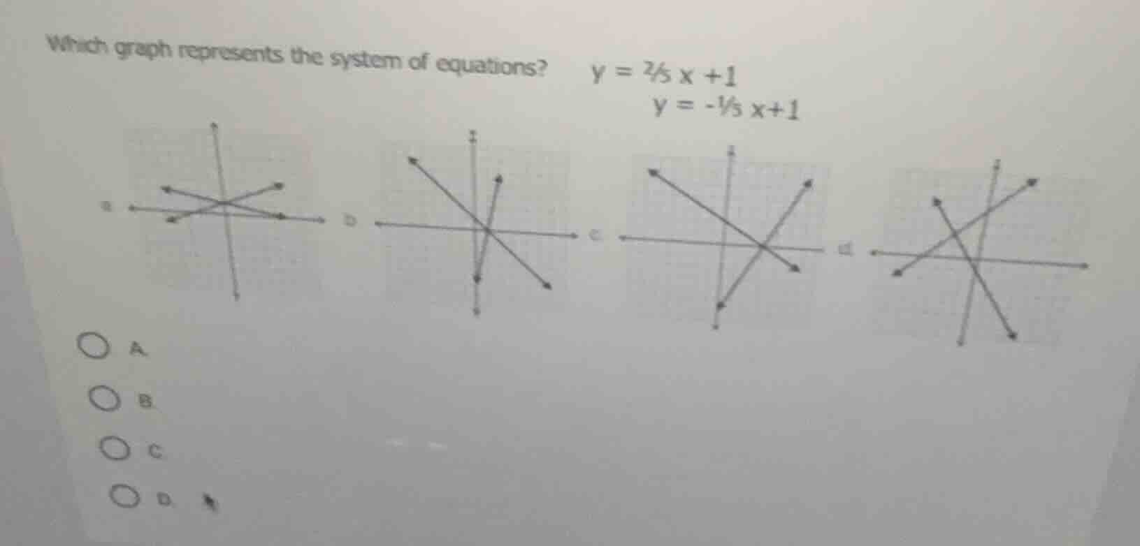 which graph represents the system of equations? $y = \\frac{2}{5} x + 1…