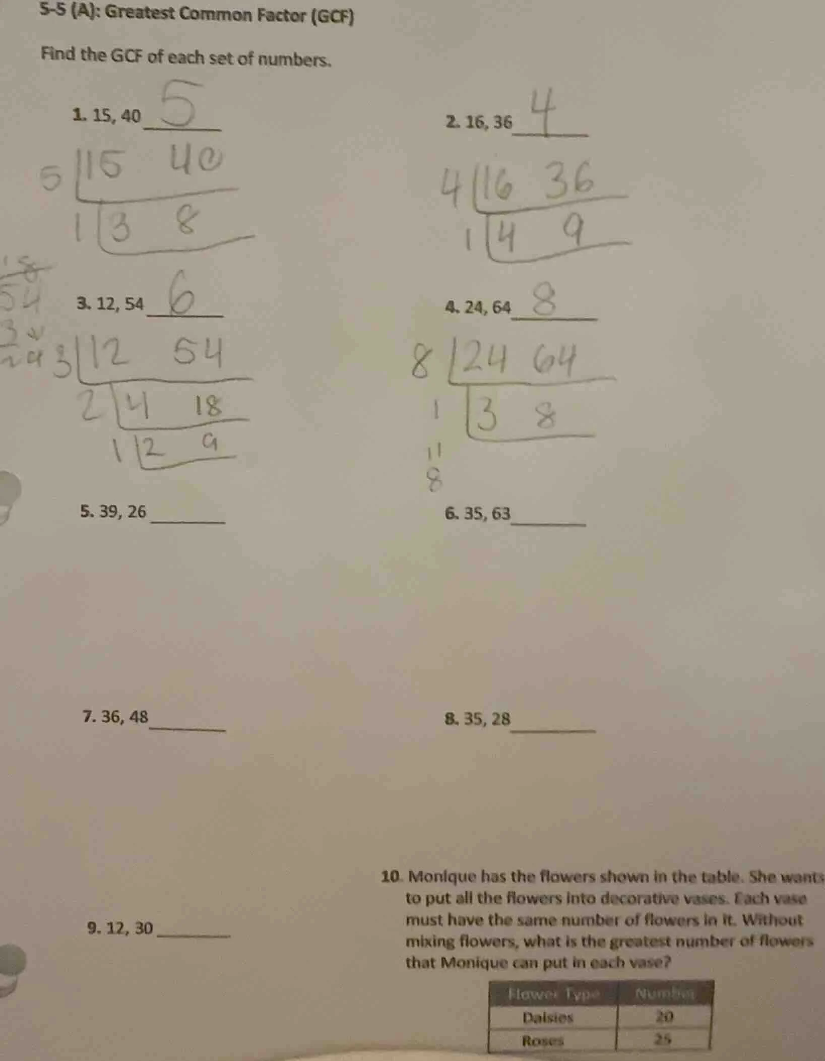 5-5 (a): greatest common factor (gcf) find the gcf of each set of numbe…