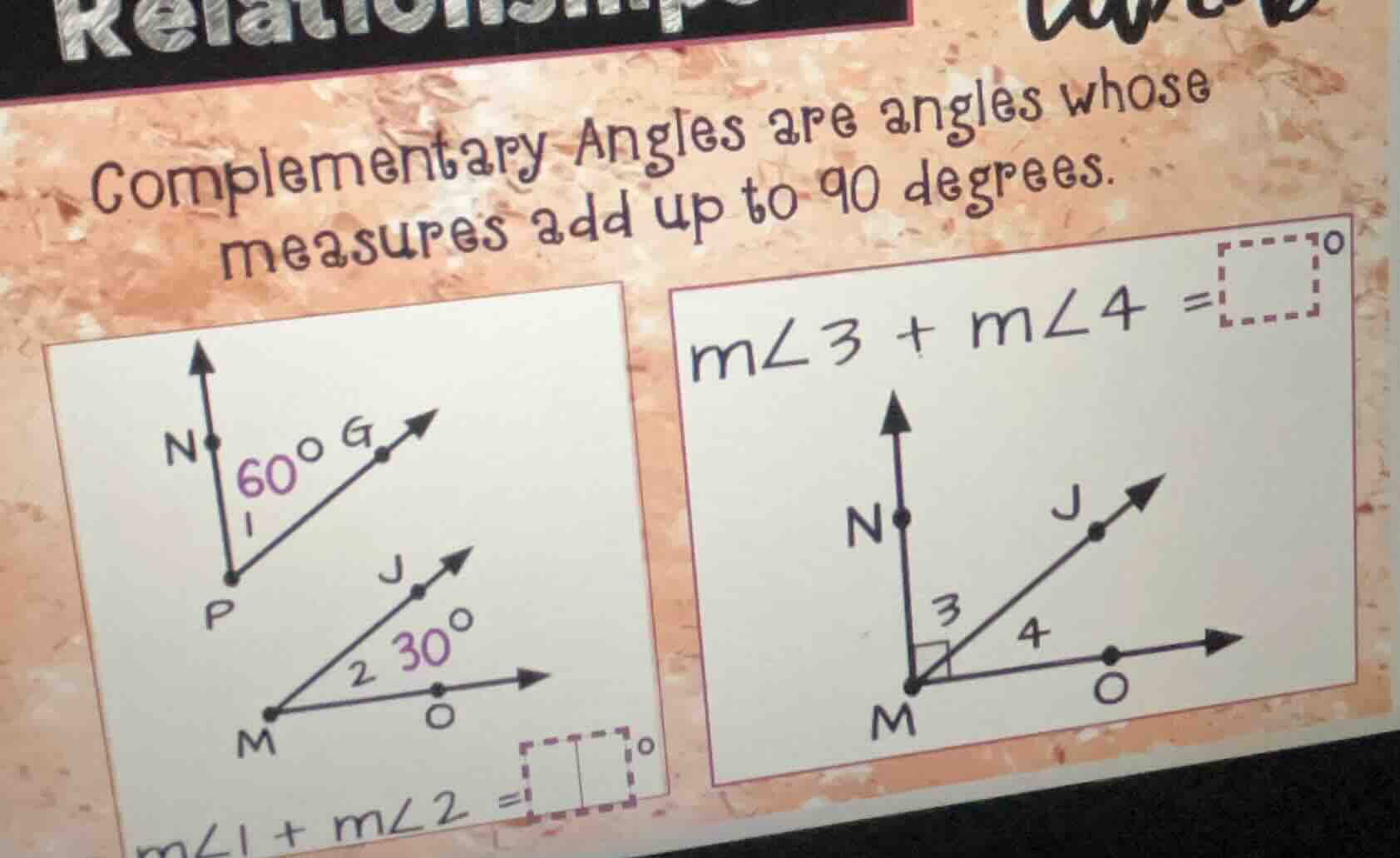complementary angles are angles whose measures add up to 90 degrees. $m…