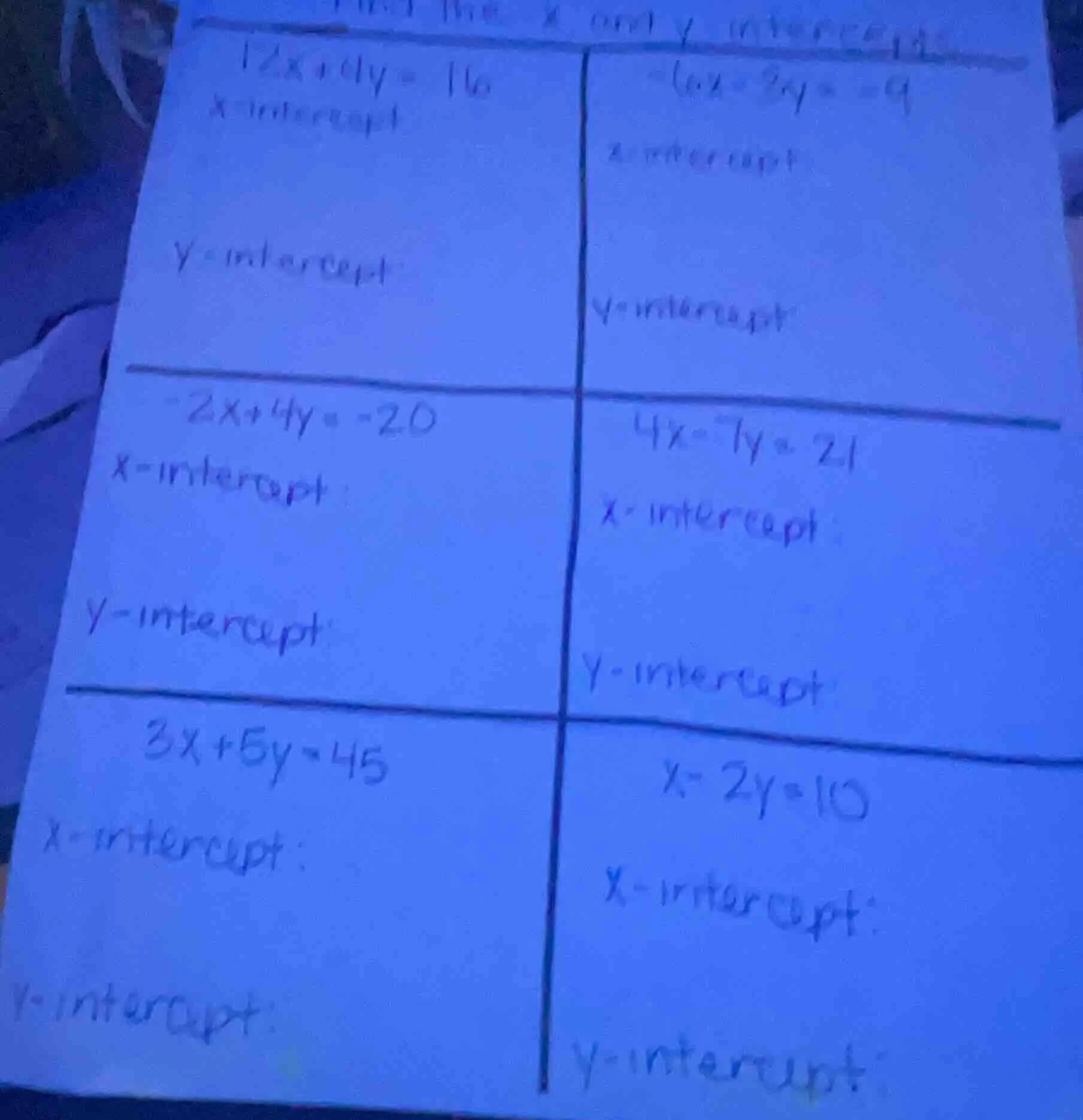 find the x and y intercepts 12x + 6y = 16 x - intercept y - intercept -…