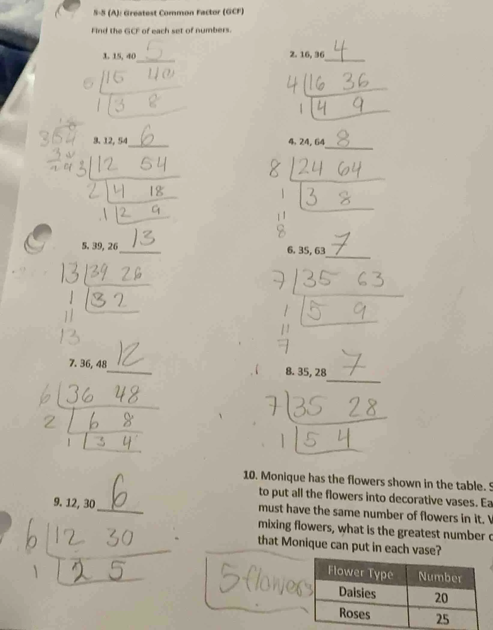 8-8 (a): greatest common factor (gcf) find the gcf of each set of numbe…