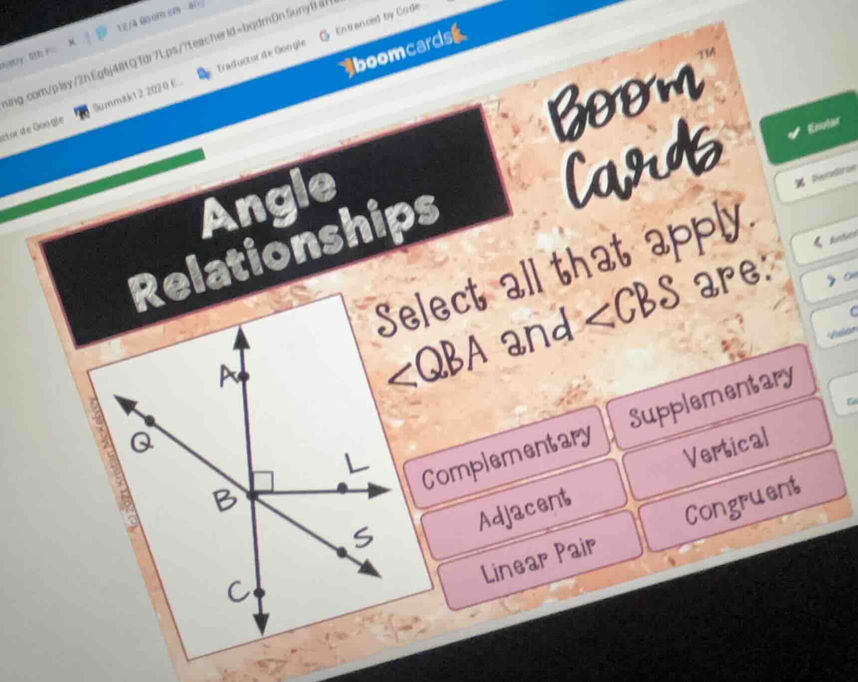 boom cards angle relationships select all that apply. ∠qba and ∠cbs are…