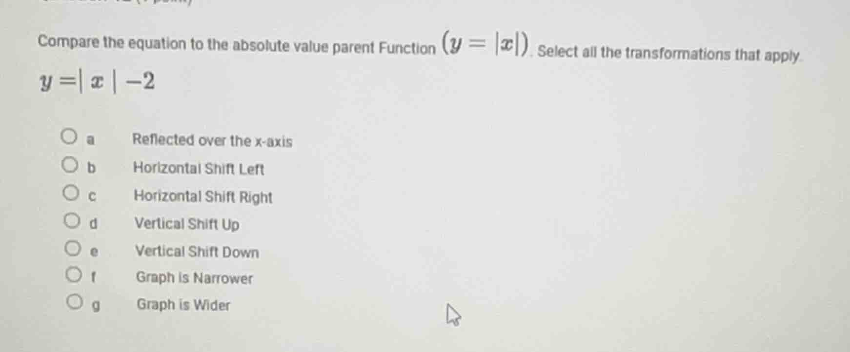 compare the equation to the absolute value parent function ($y = |x|$).…