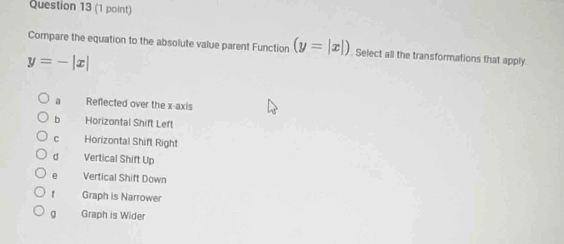 question 13 (1 point) compare the equation to the absolute value parent…