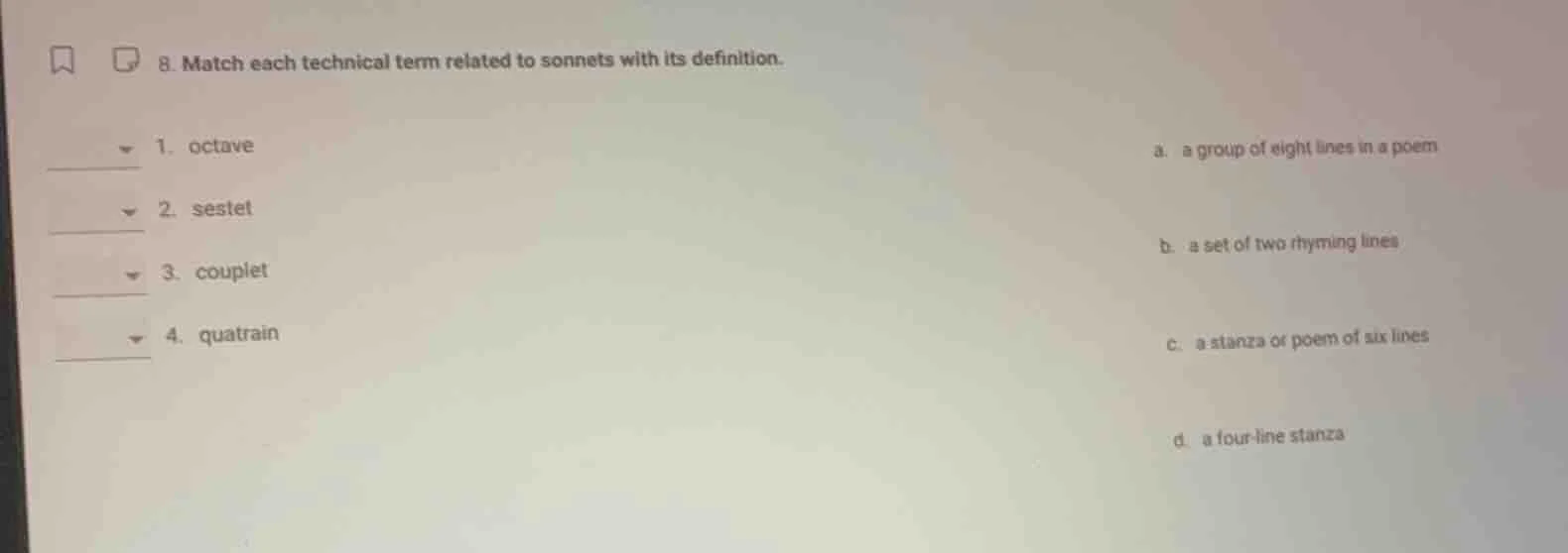 8. match each technical term related to sonnets with its definition. 1.…
