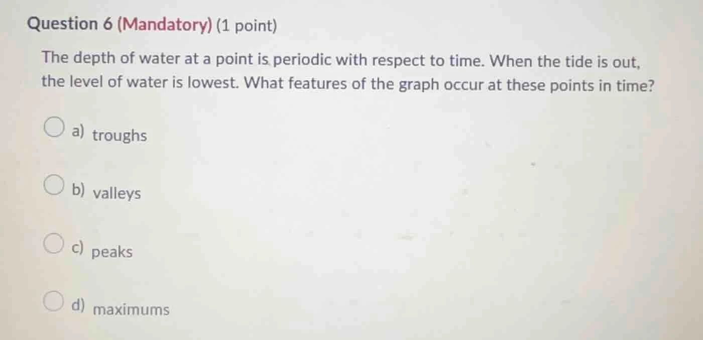 question 6 (mandatory) (1 point) the depth of water at a point is perio…