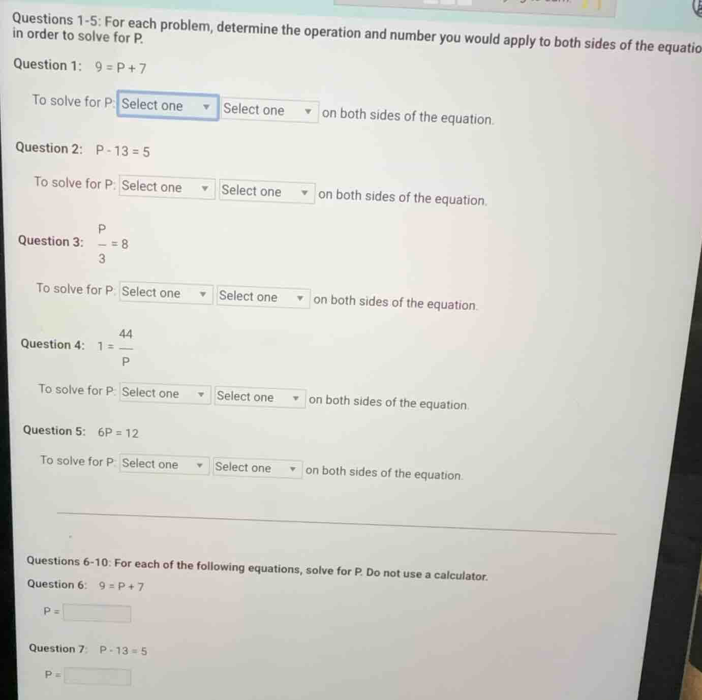 questions 1-5: for each problem, determine the operation and number you…