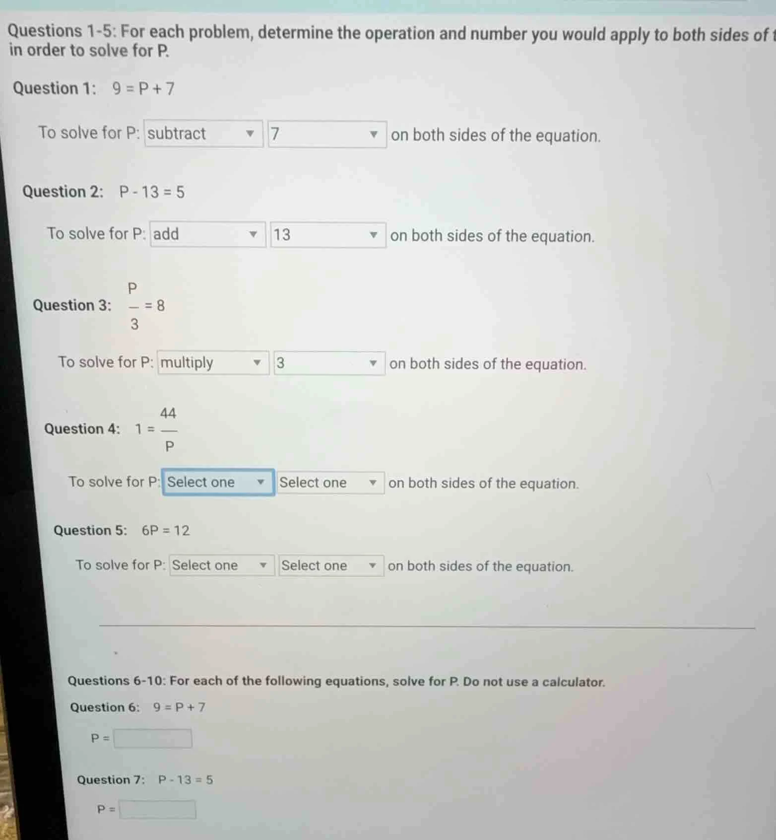 questions 1-5: for each problem, determine the operation and number you…