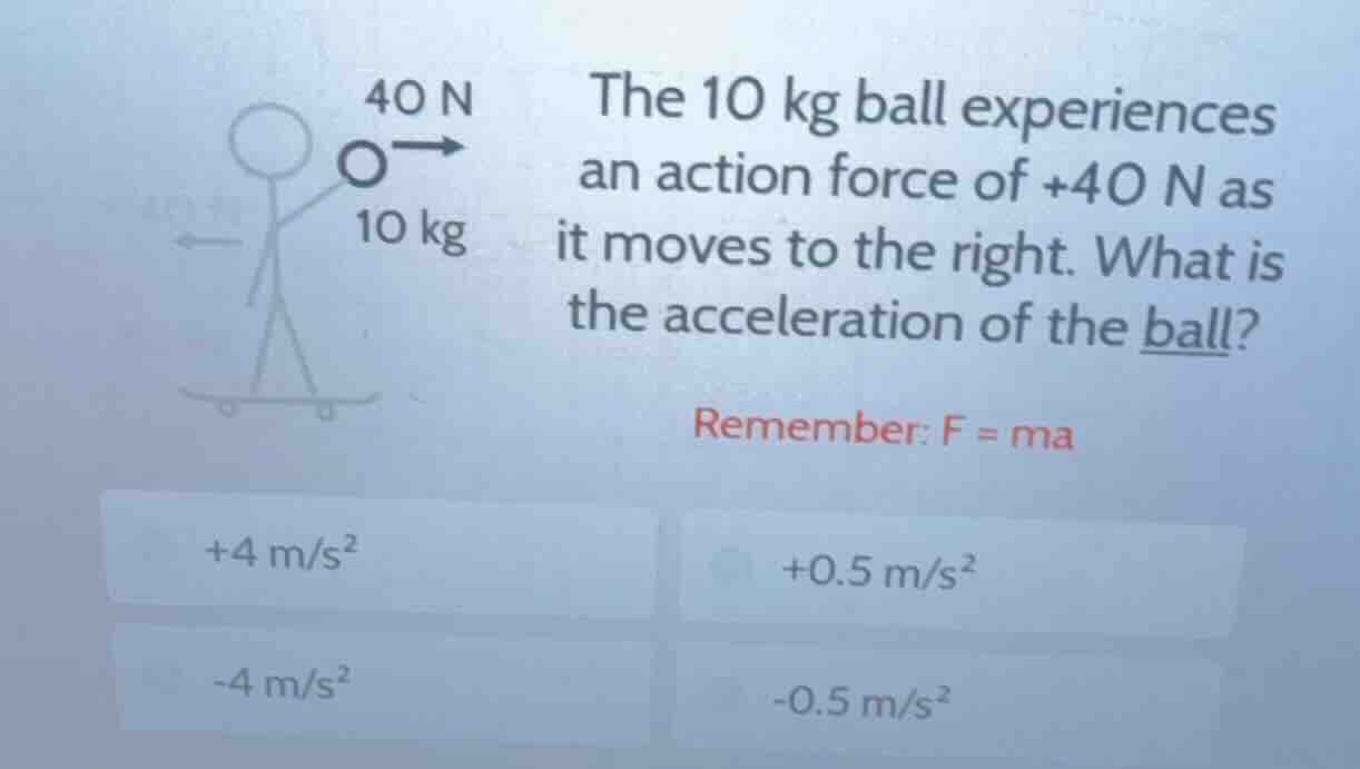 40 n o→ 10 kg the 10 kg ball experiences an action force of +40 n as it…