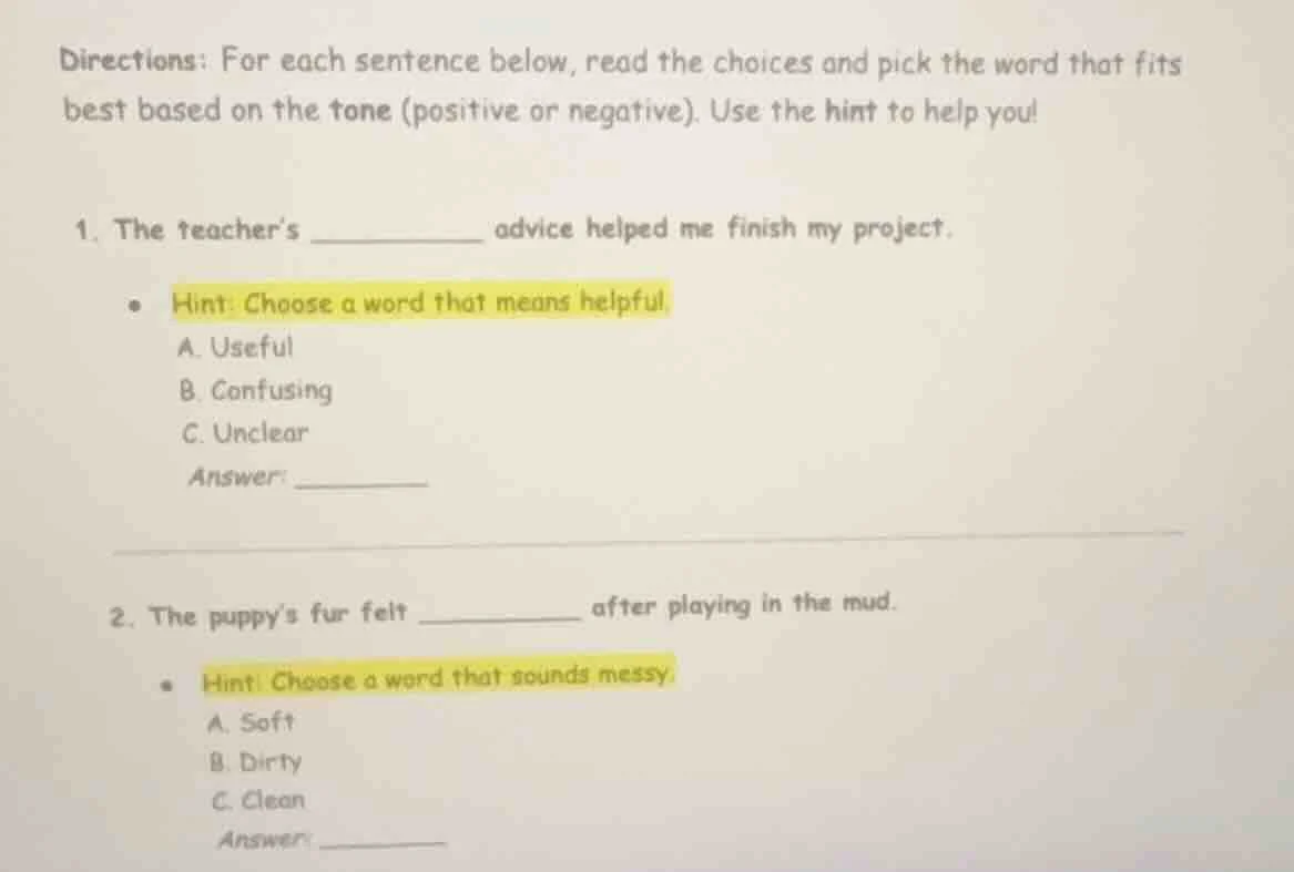 directions: for each sentence below, read the choices and pick the word…