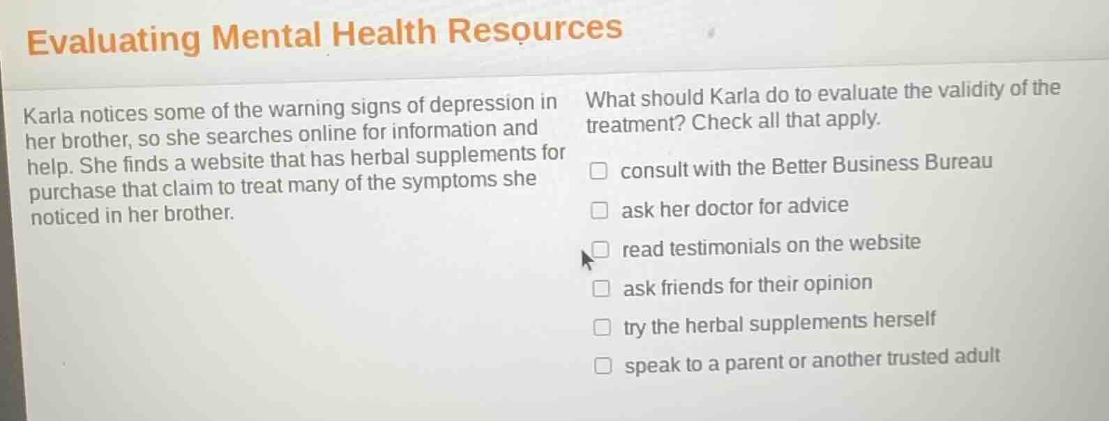 evaluating mental health resources karla notices some of the warning si…