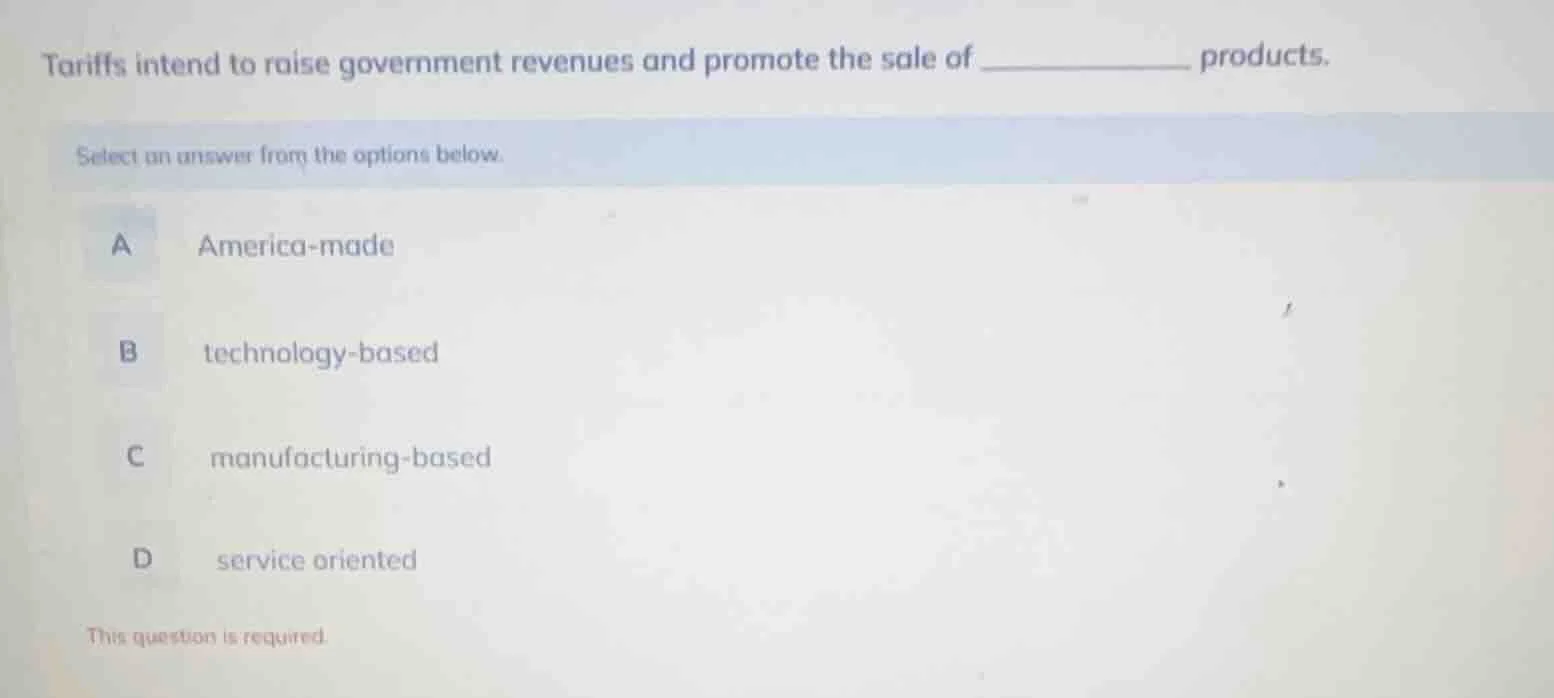 tariffs intend to raise government revenues and promote the sale of ___…