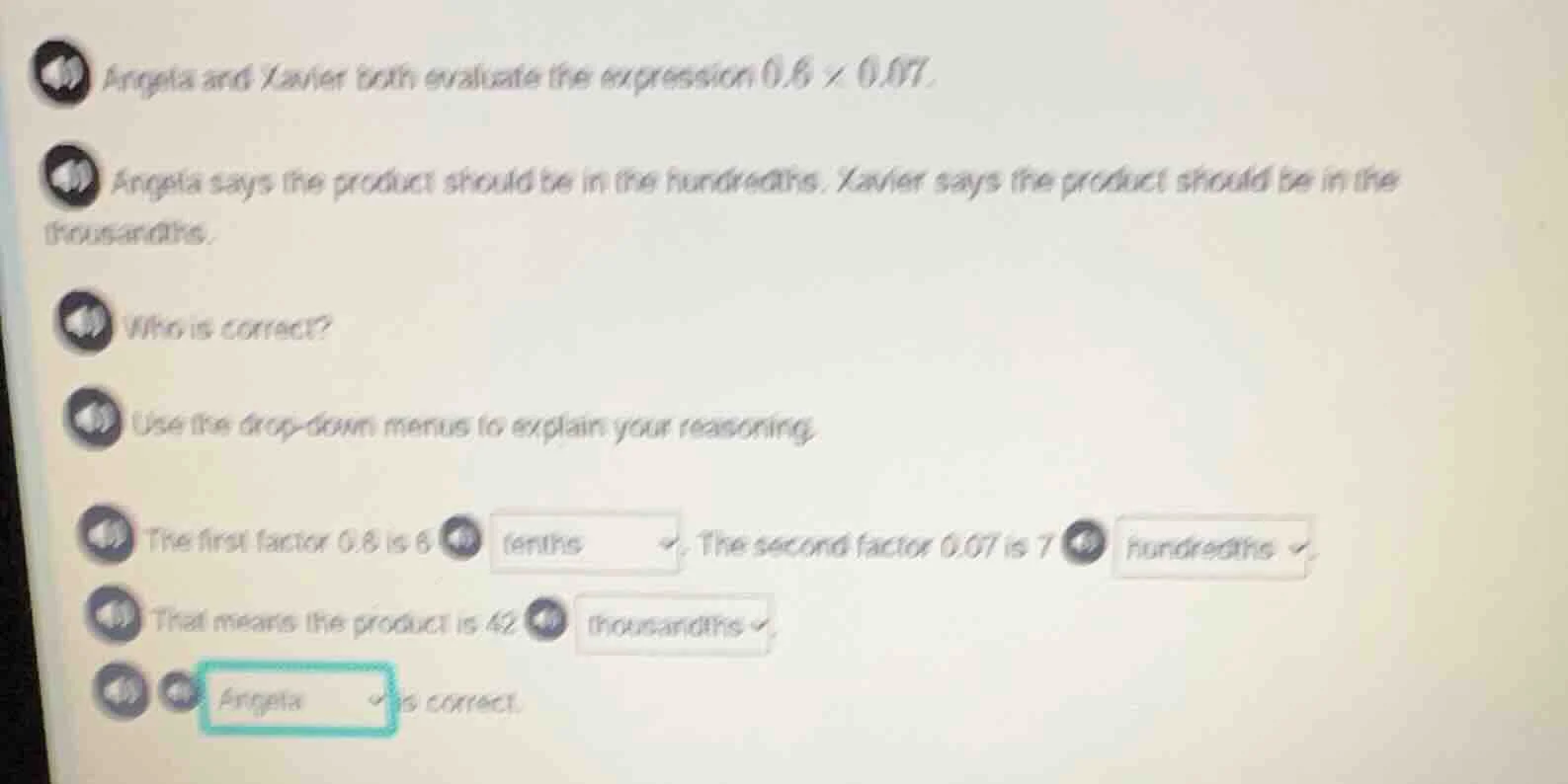 angela and xavier both evaluate the expression 0.6 × 0.07. angela says …