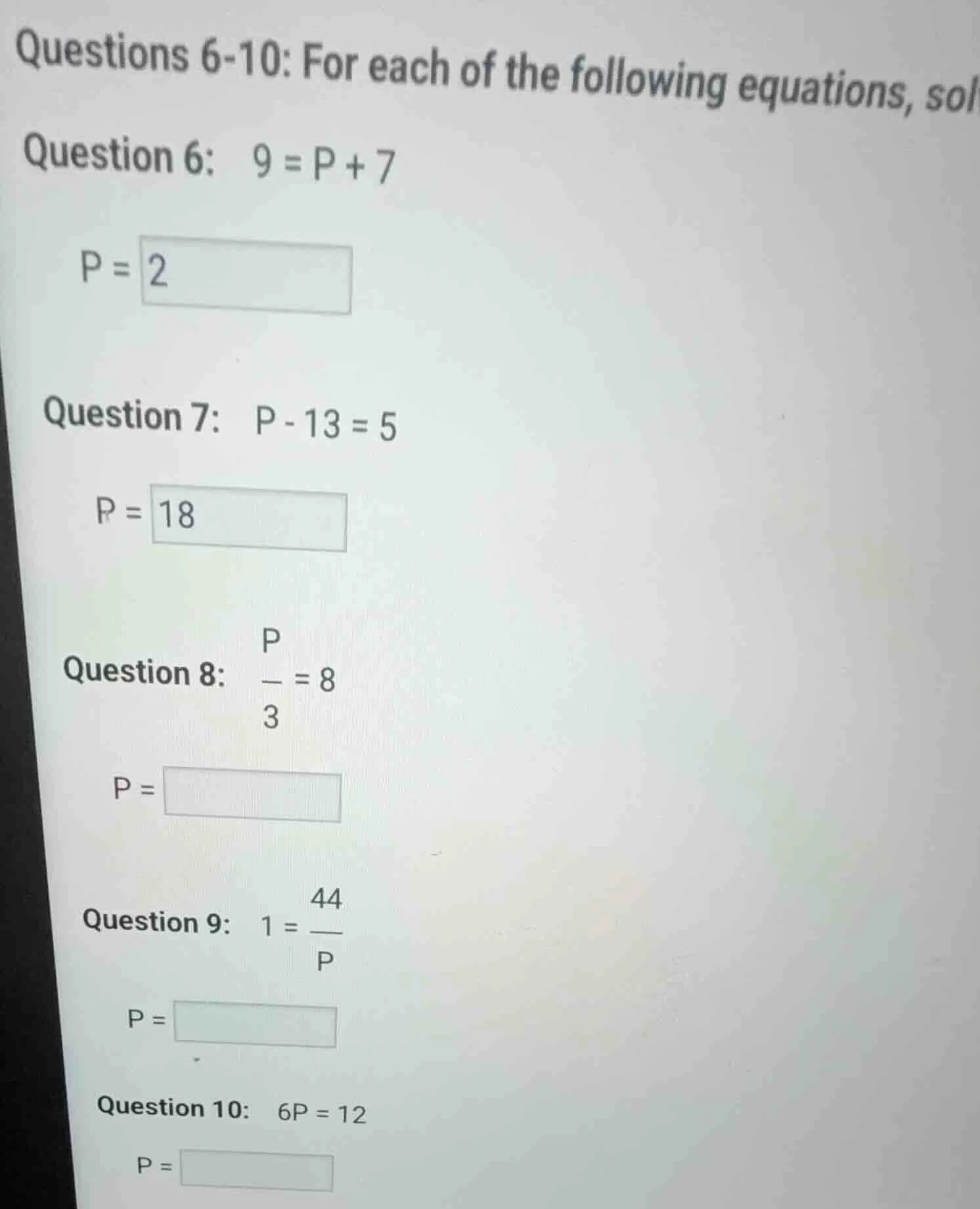 questions 6-10: for each of the following equations, sol question 6: 9 …