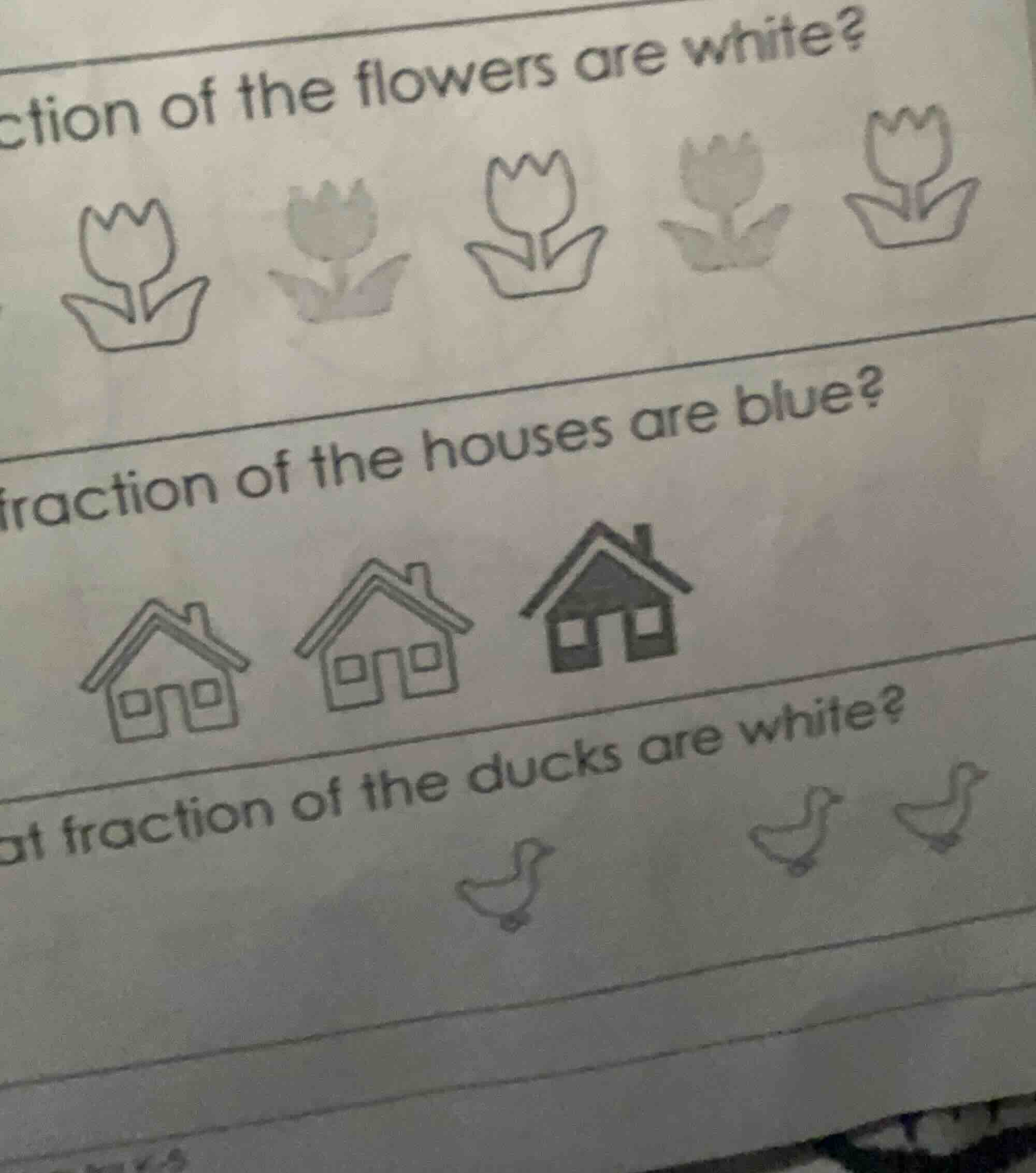ction of the flowers are white? fraction of the houses are blue? at fra…