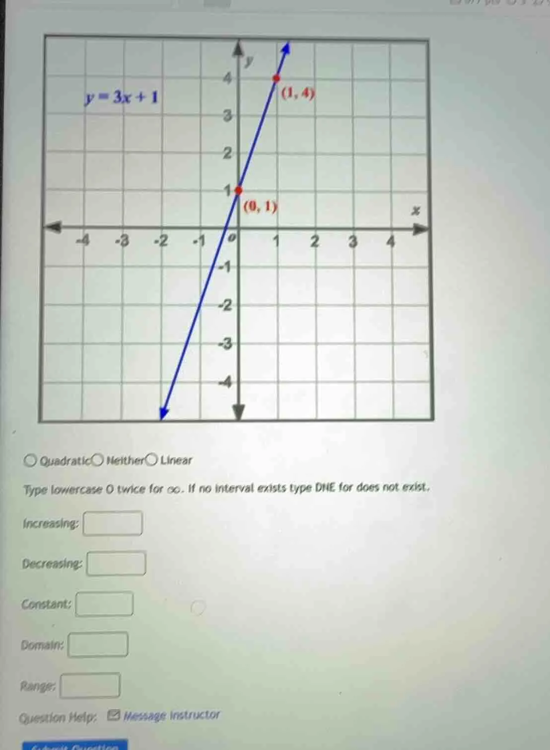 y = 3x + 1 (1, 4) (0, 1) -4 -3 -2 -1 0 1 2 3 4 ○ quadratic○ neither○ li…