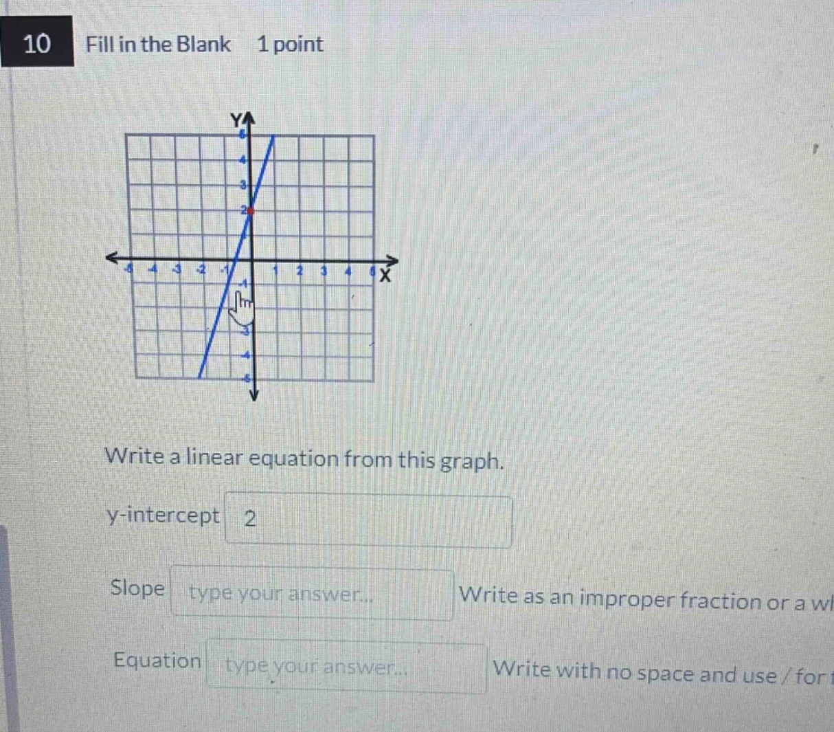 10 fill in the blank 1 point write a linear equation from this graph. y…