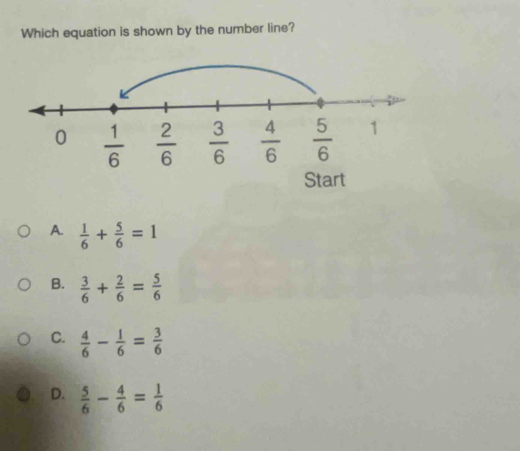 which equation is shown by the number line? a. $\frac{1}{6} + \frac{5}{…