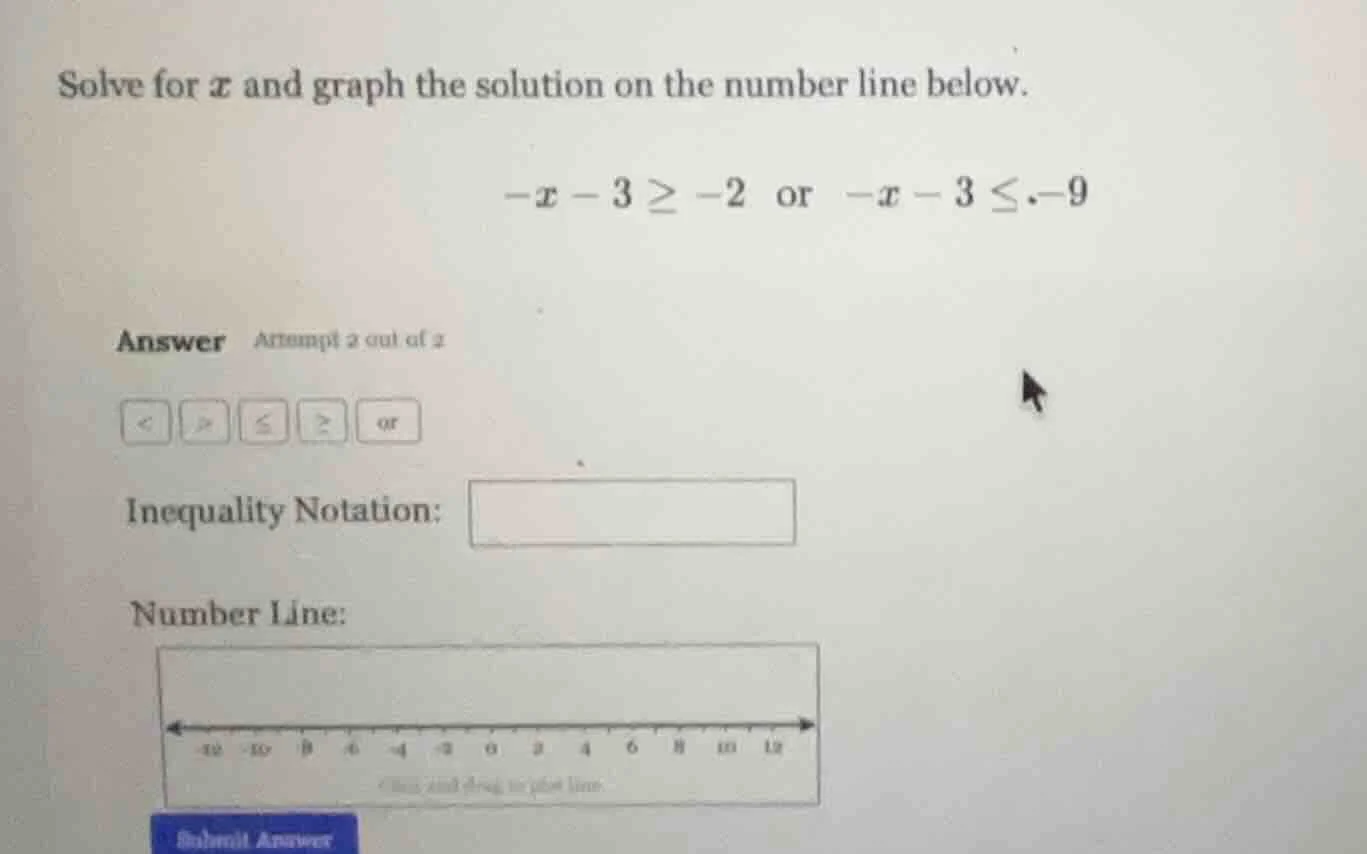 solve for x and graph the solution on the number line below. -x - 3 ≥ -…