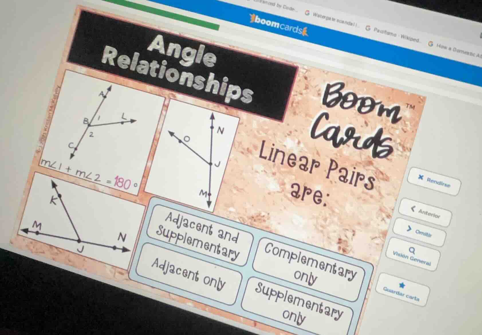 angle relationships boom cards linear pairs are: adjacent and supplemen…