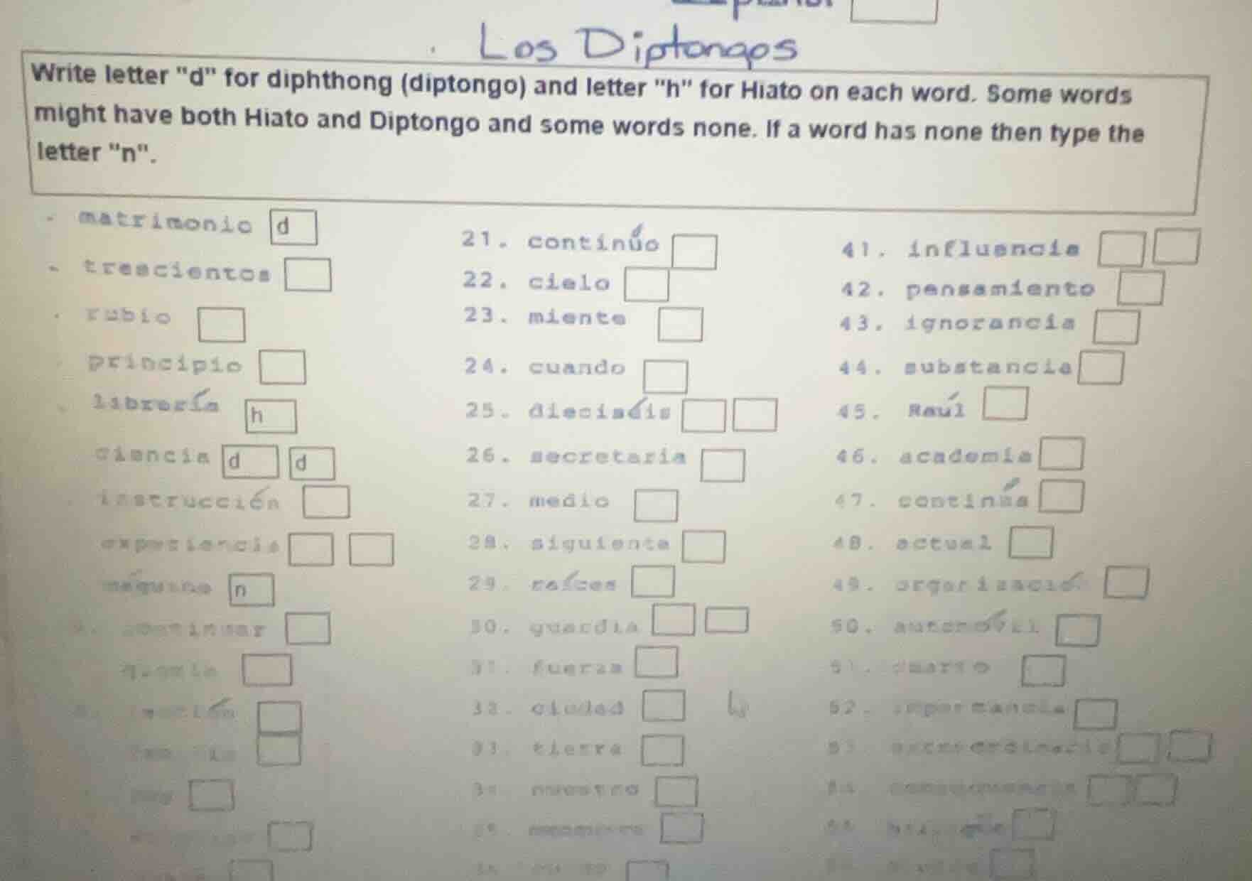 los diptongos write letter \d\ for diphthong (diptongo) and letter \h\ …