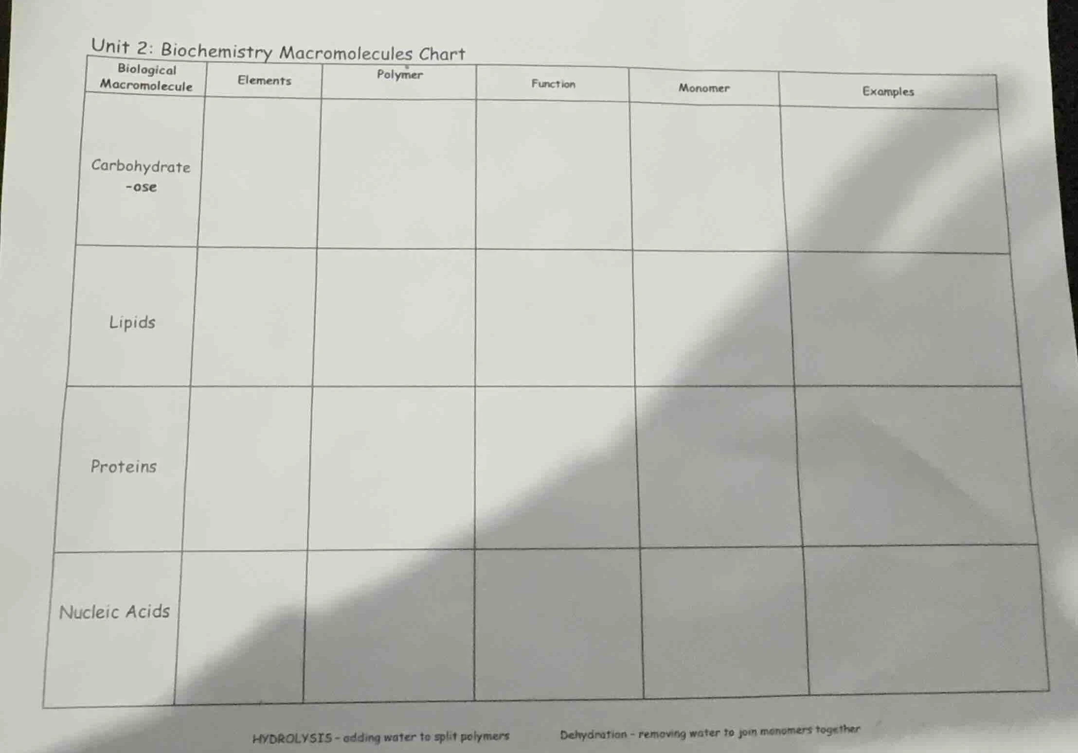 unit 2: biochemistry macromolecules chart biological macromolecule | el…