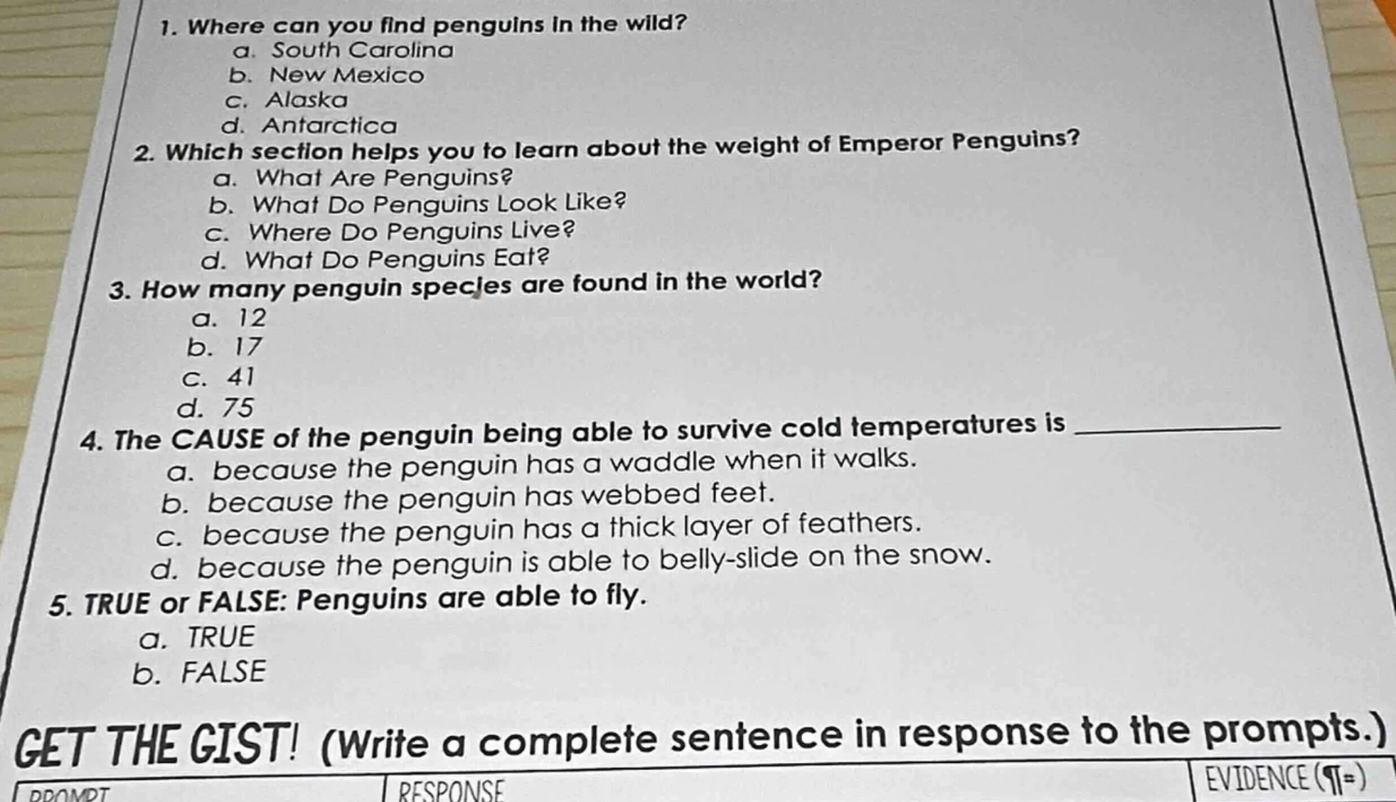 1. where can you find penguins in the wild? a. south carolina b. new me…