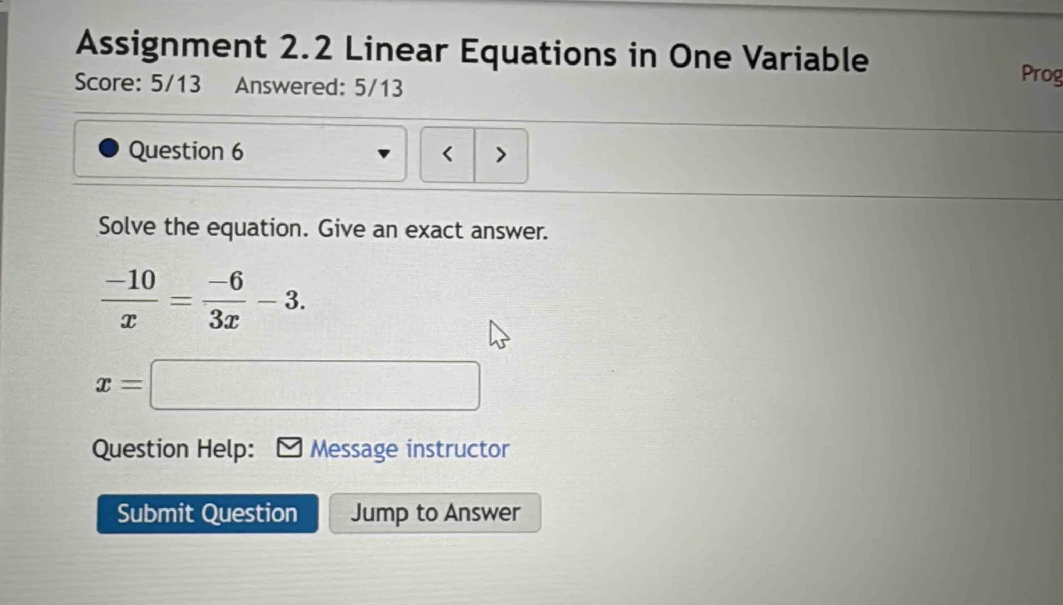 assignment 2.2 linear equations in one variable score: 5/13 answered: 5…