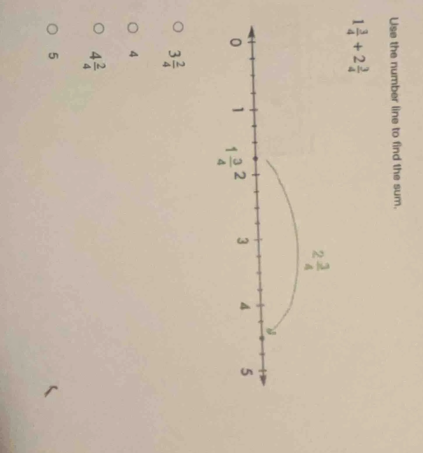use the number line to find the sum. $1\\frac{3}{4} + 2\\frac{3}{4}$ op…