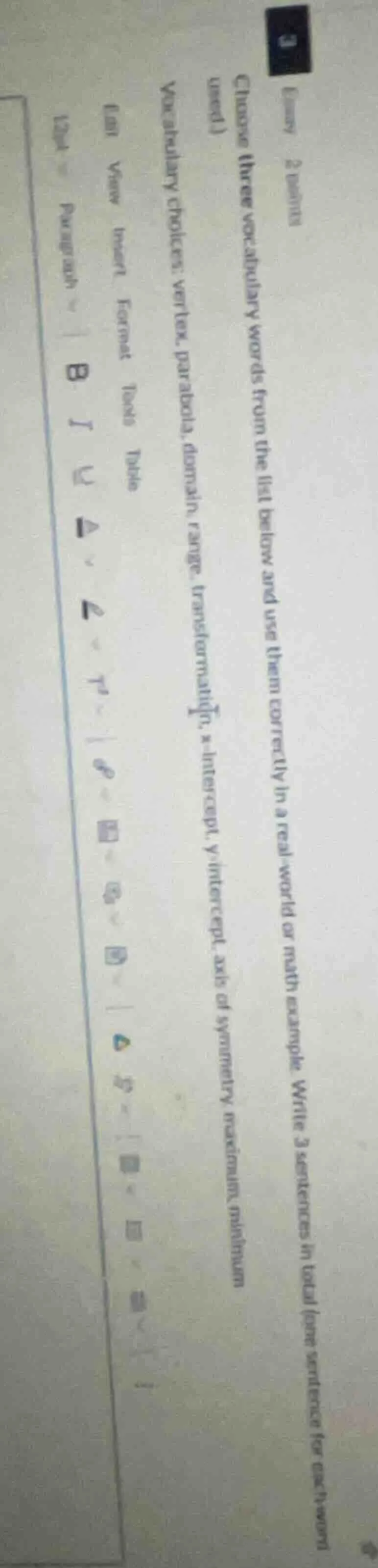 essay 2 points choose three vocabulary words from the list below and us…