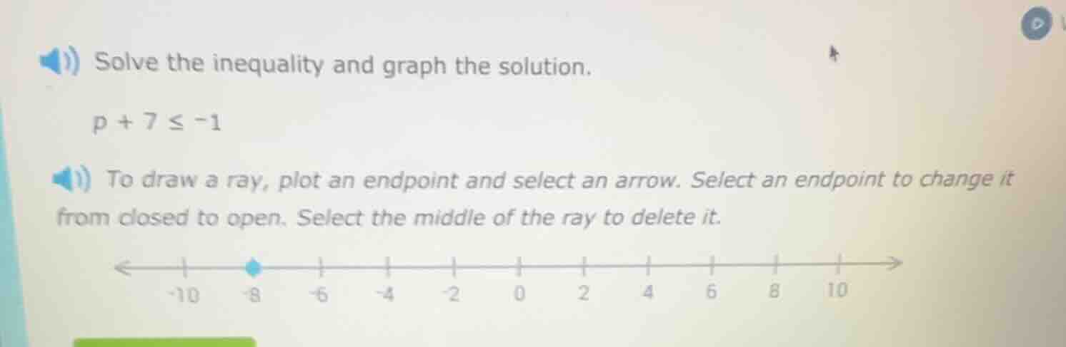 solve the inequality and graph the solution. $p + 7 \\leq -1$ to draw a…