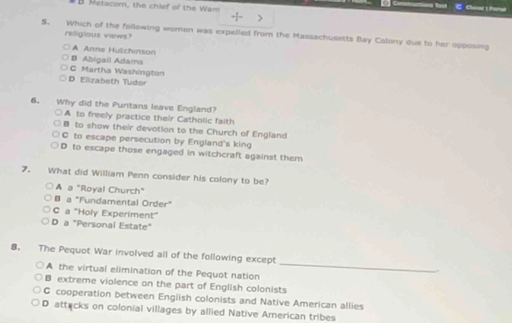 5. which of the following woman was expelled from the massachusetts bay…