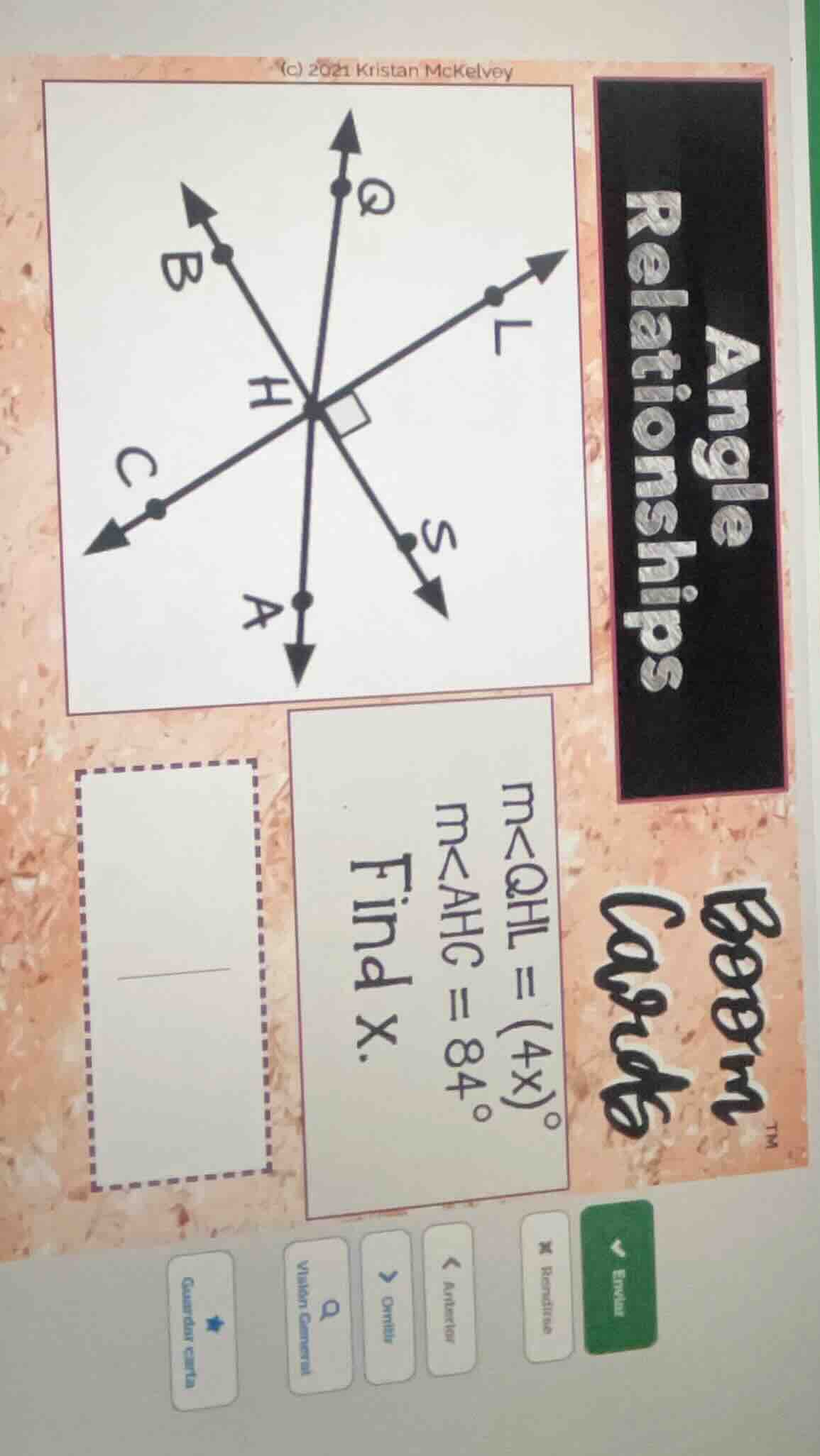 angle relationships m∠qhl = (4x)° m∠ahc = 84° find x. (image of interse…