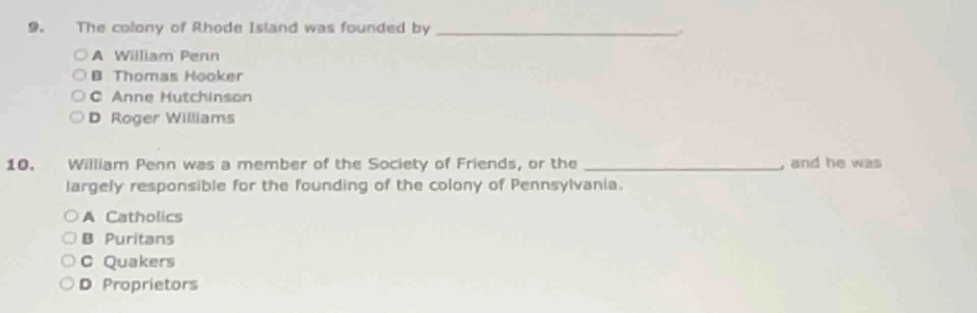 9. the colony of rhode island was founded by ______. a william penn b t…