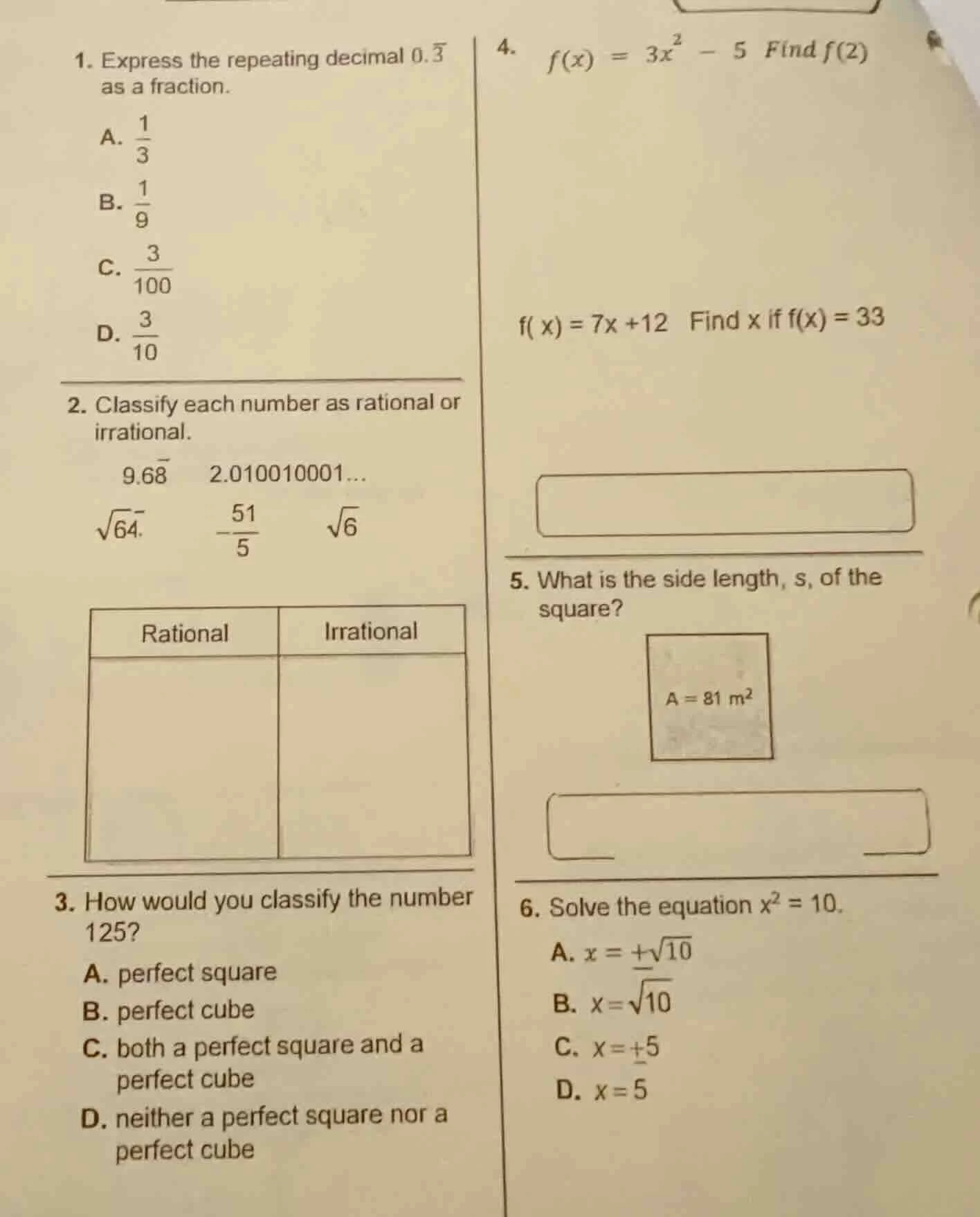 1. express the repeating decimal $0.overline{3}$ as a fraction. a. $dfr…