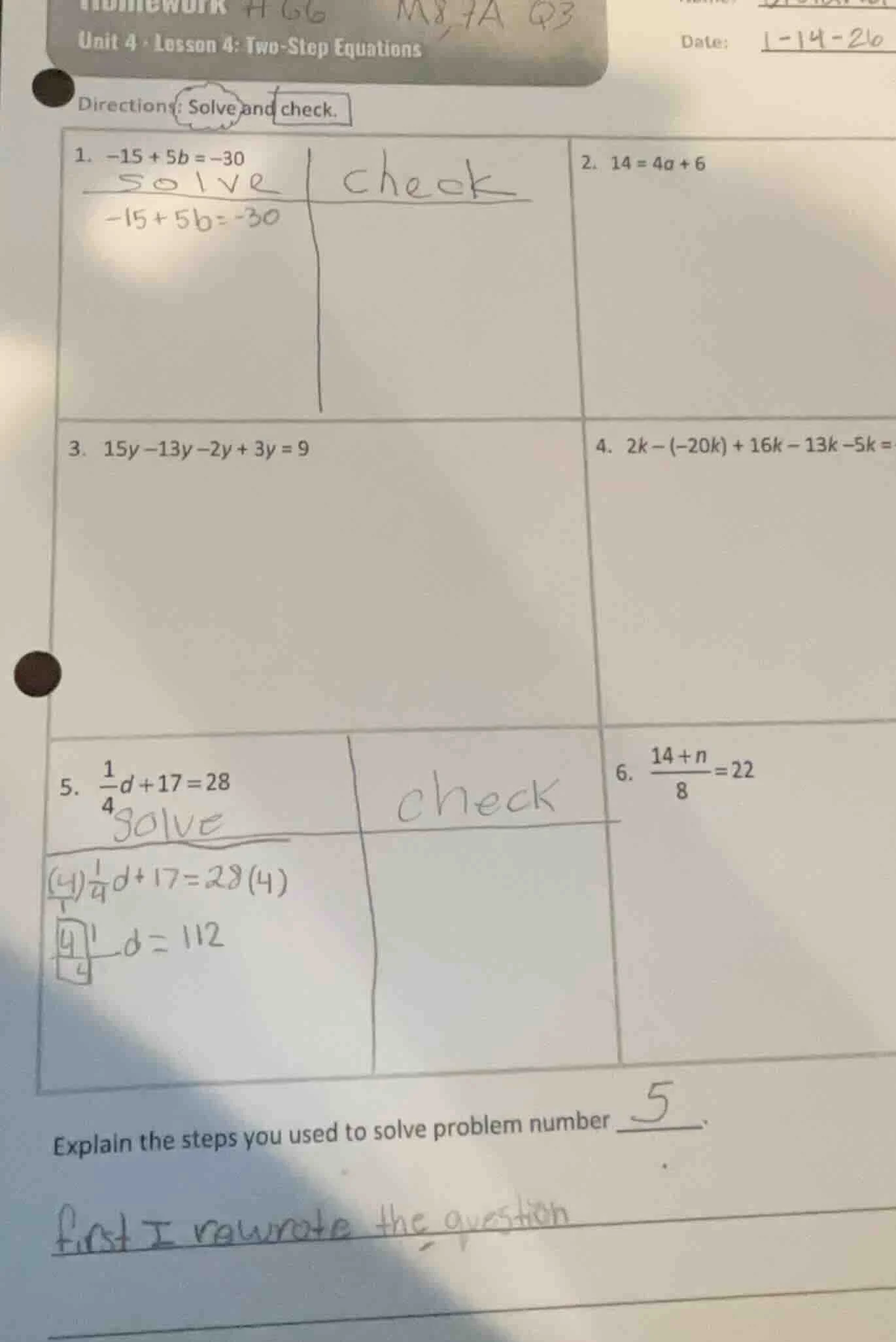 homework #66 m8,7a q3 unit 4 - lesson 4: two - step equations date: 1 -…