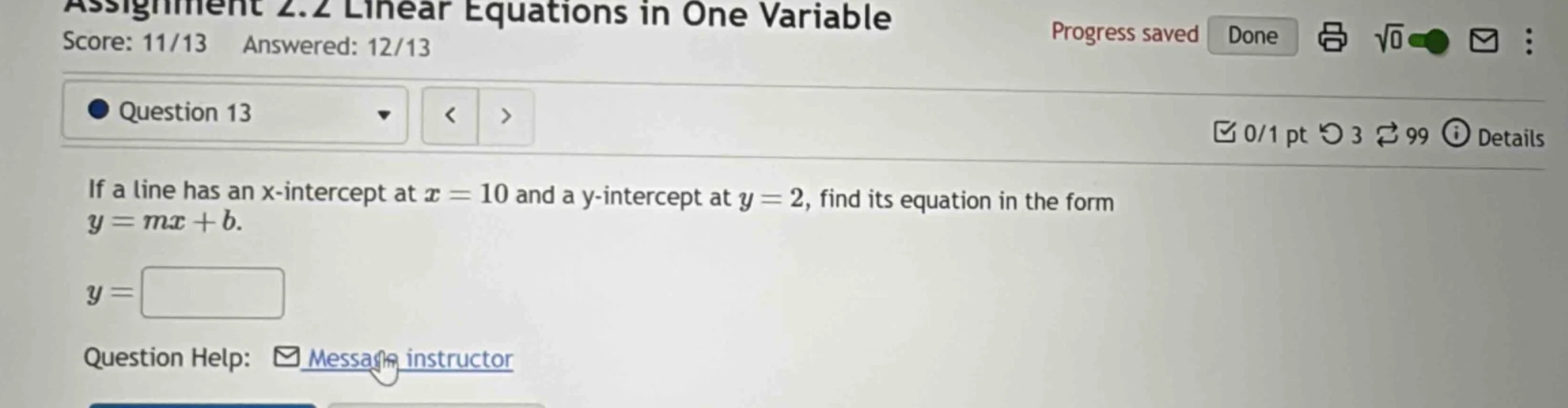 assignment 2.2 linear equations in one variable score: 11/13 answered: …