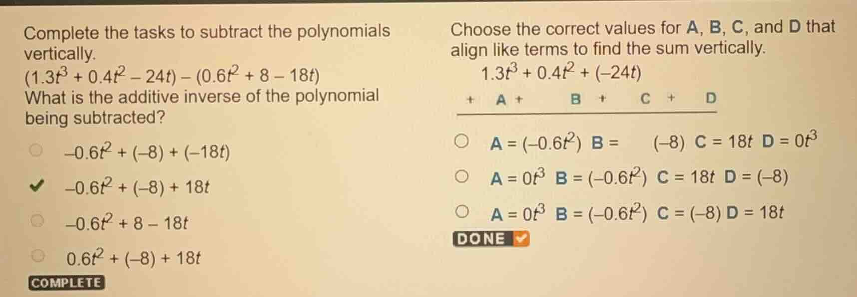 complete the tasks to subtract the polynomials vertically. (1.3t³ + 0.4…