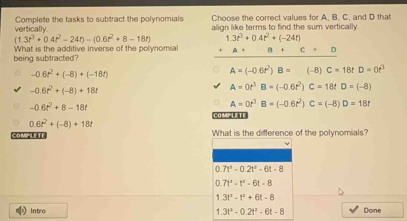 complete the tasks to subtract the polynomials vertically. (1.3t³ + 0.4…