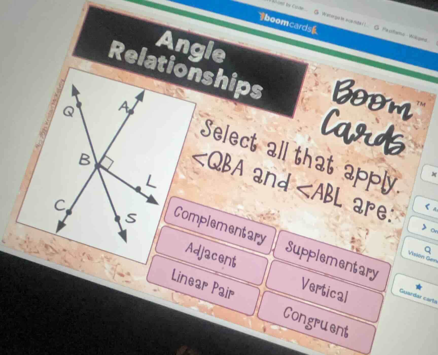 angle relationships boom cards select all that apply. ∠qba and ∠abl are…