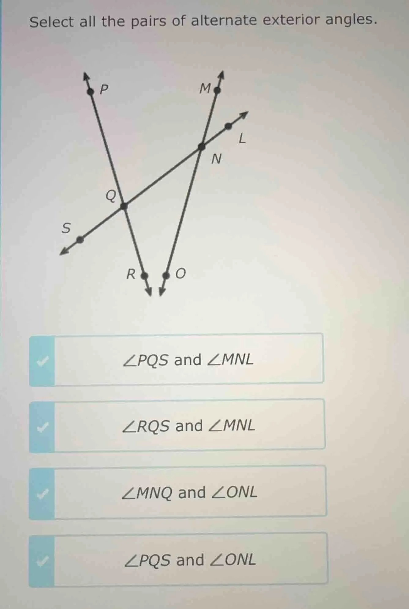 select all the pairs of alternate exterior angles. image of intersectin…