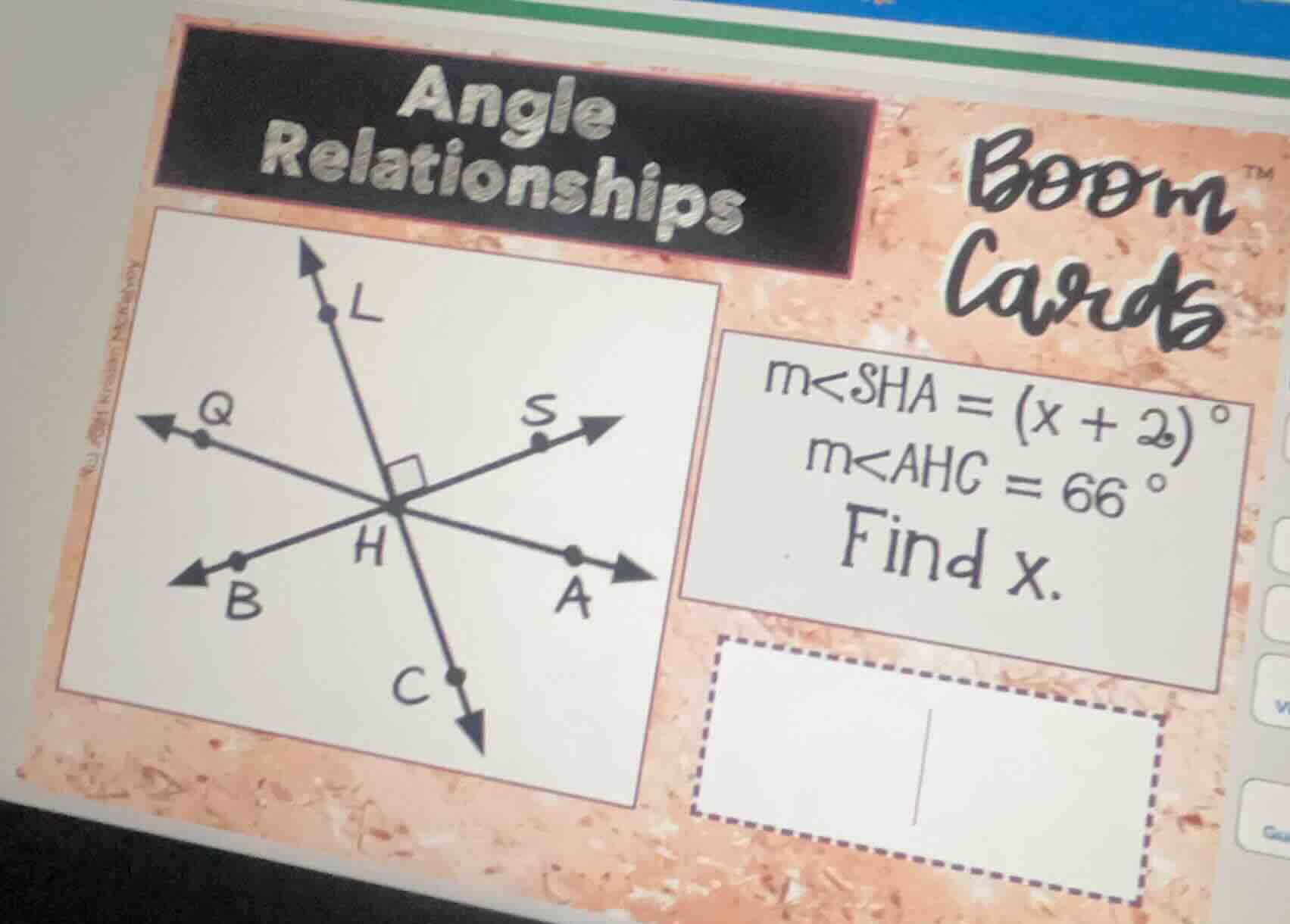 angle relationships m∠sha = (x + 2)° m∠ahc = 66° find x.