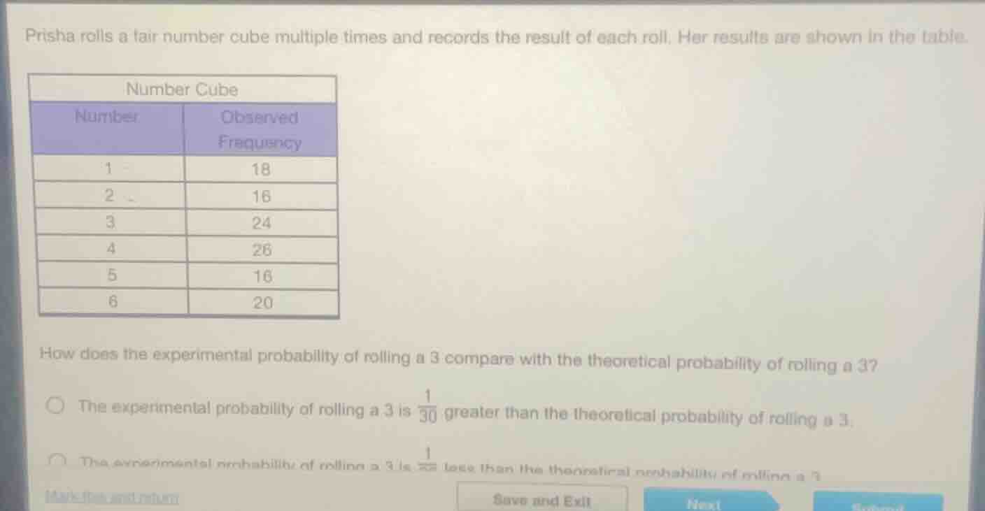 prisha rolls a fair number cube multiple times and records the result o…