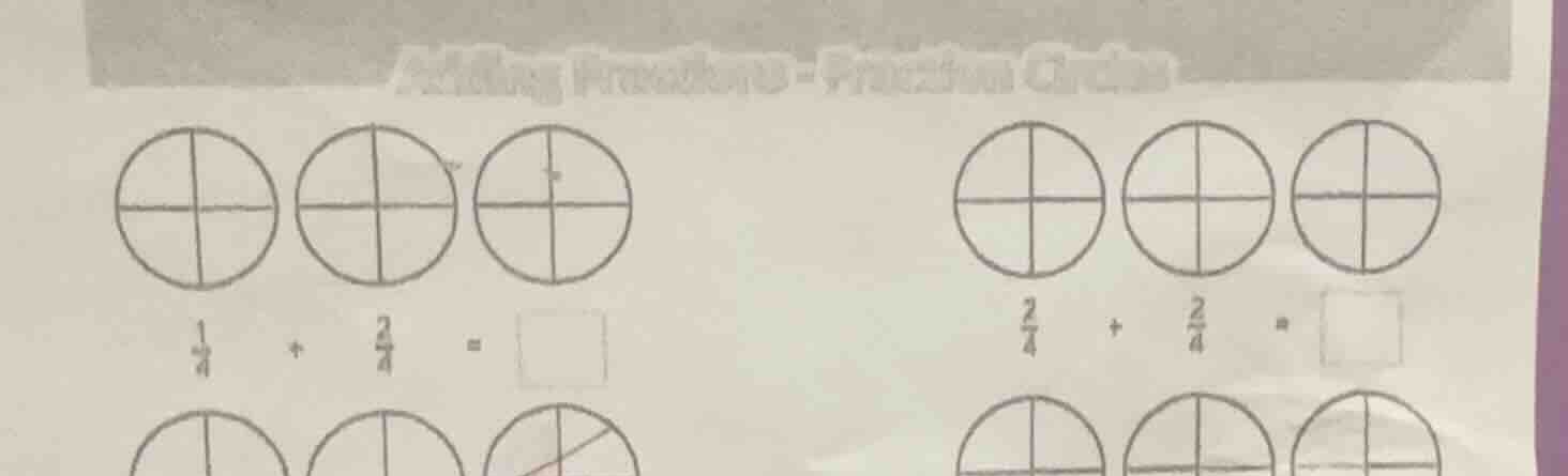 adding fractions - fraction circles $\frac{1}{4}$ + $\frac{2}{4}$ = $sq…