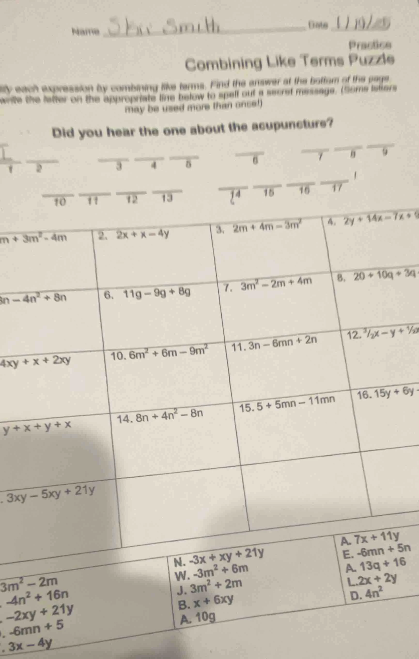 name ______ date ______ combining like terms puzzle practice simplify e…