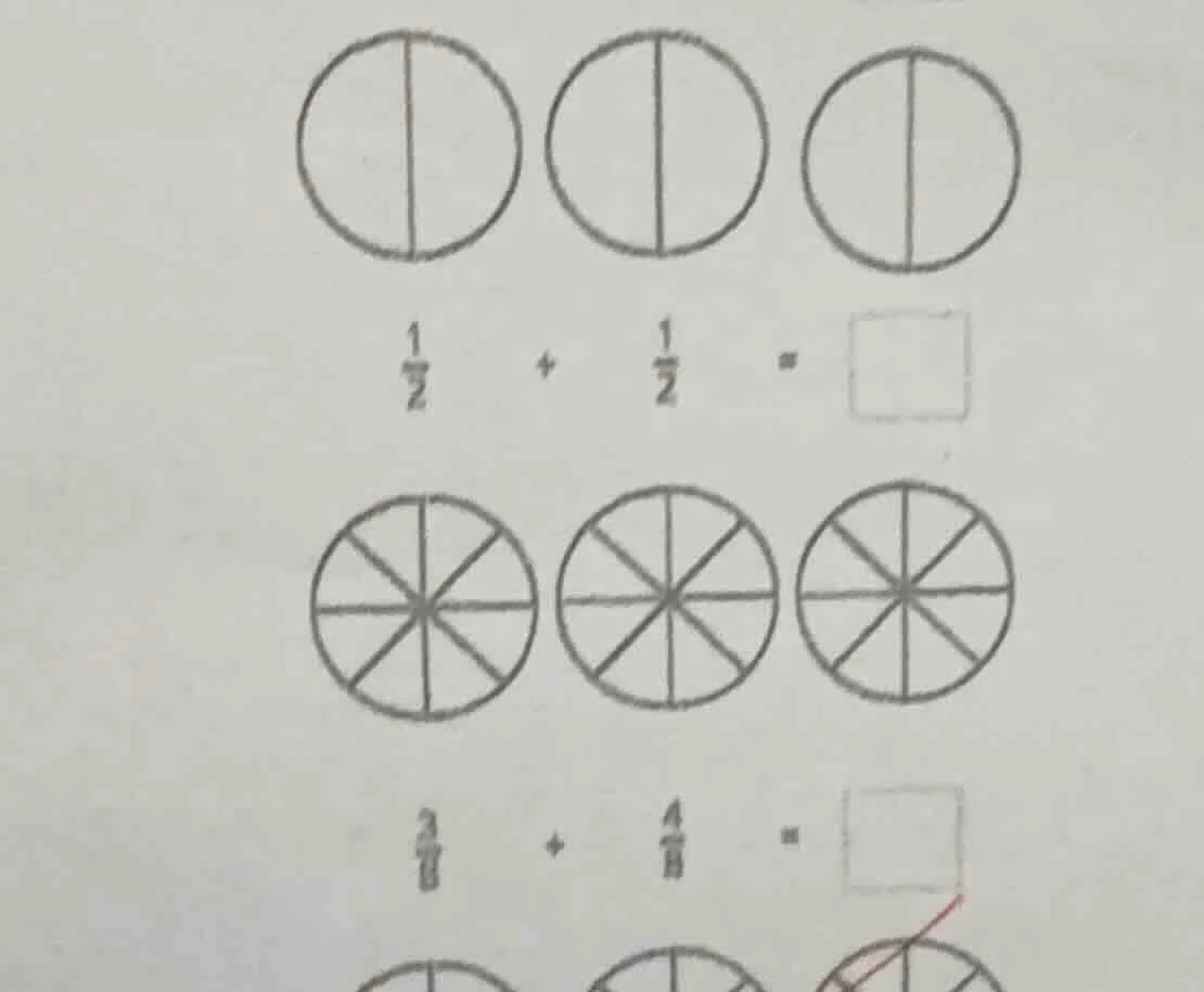 1/2 + 1/2 = □ 3/8 + 4/8 = □